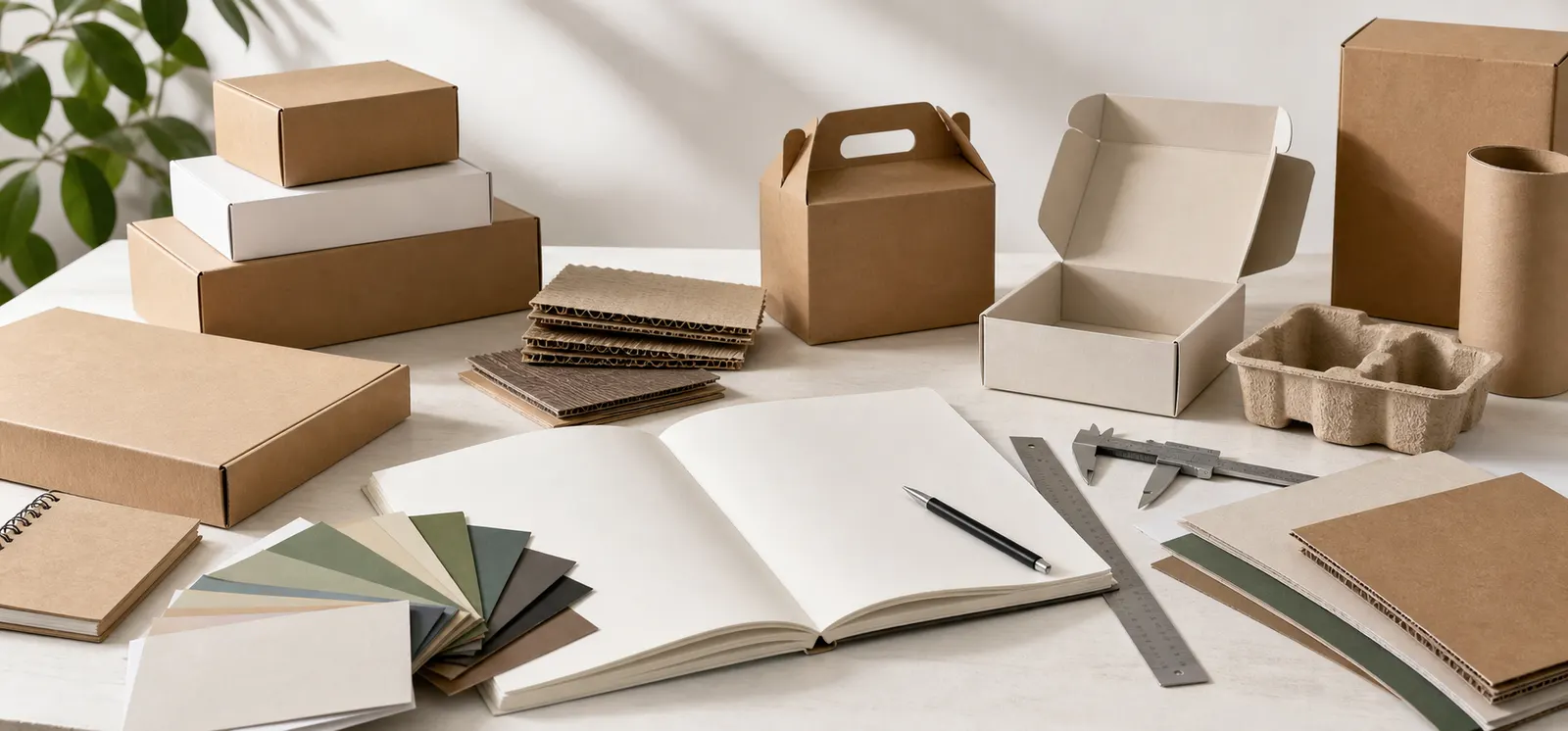 Packaging education workspace with paperboard swatches corrugated sections and measuring tools