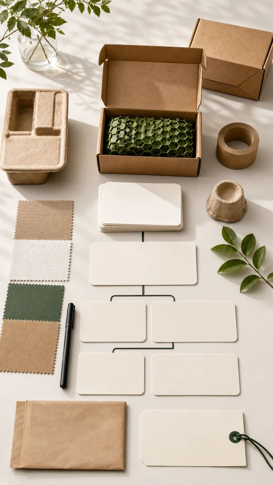 Packaging learning route with material cards box diagrams and eco term notes