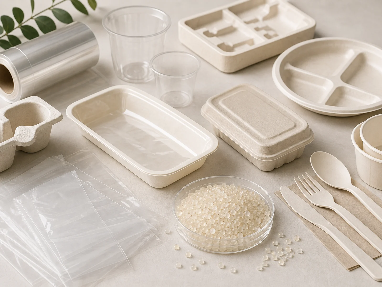 Bioplastic applications with resin pellets foodware flexible film coated paper and claim review cards