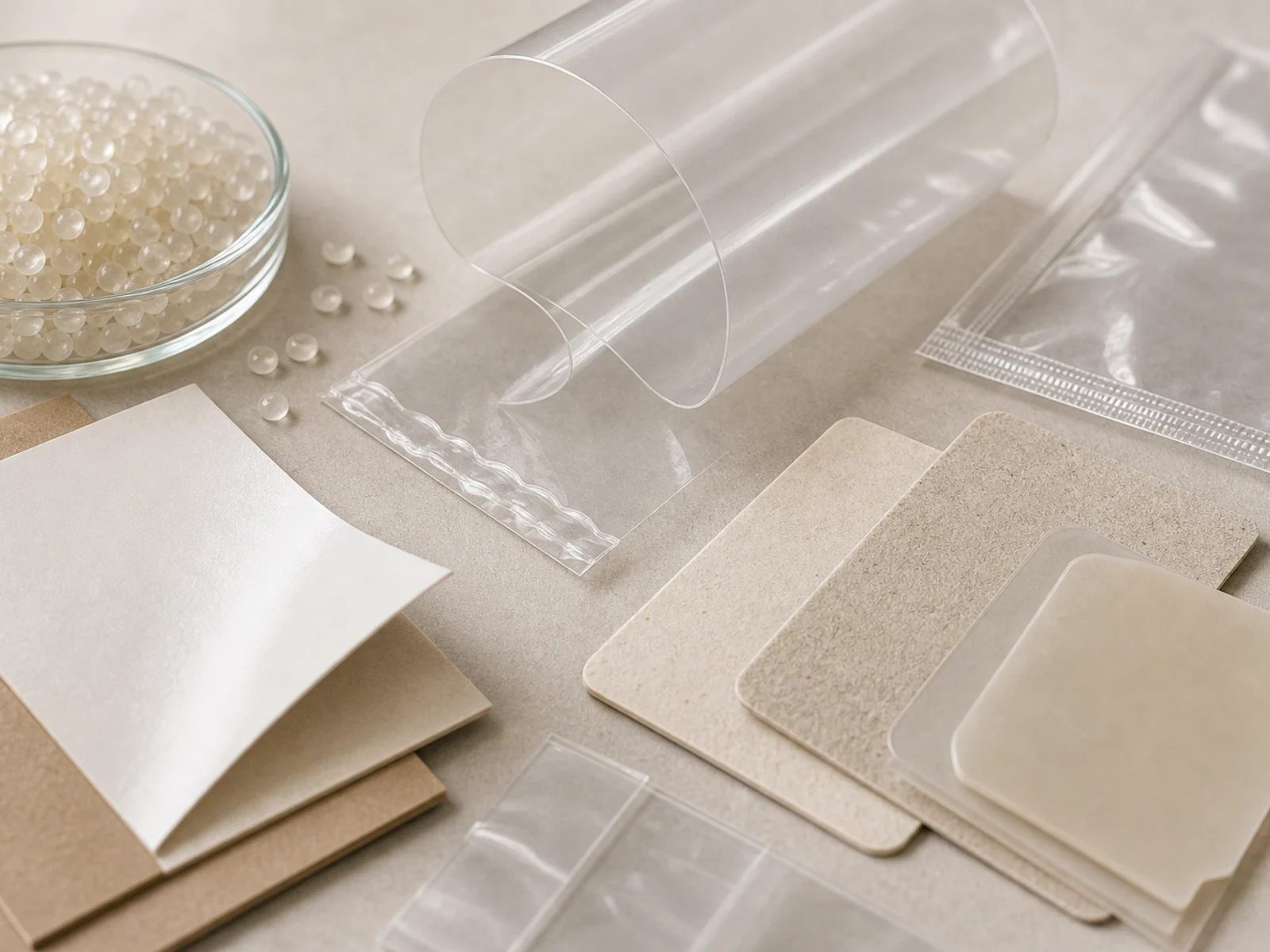 Bioplastic claim checklist with resin samples certification markers heat use checks and disposal route cards