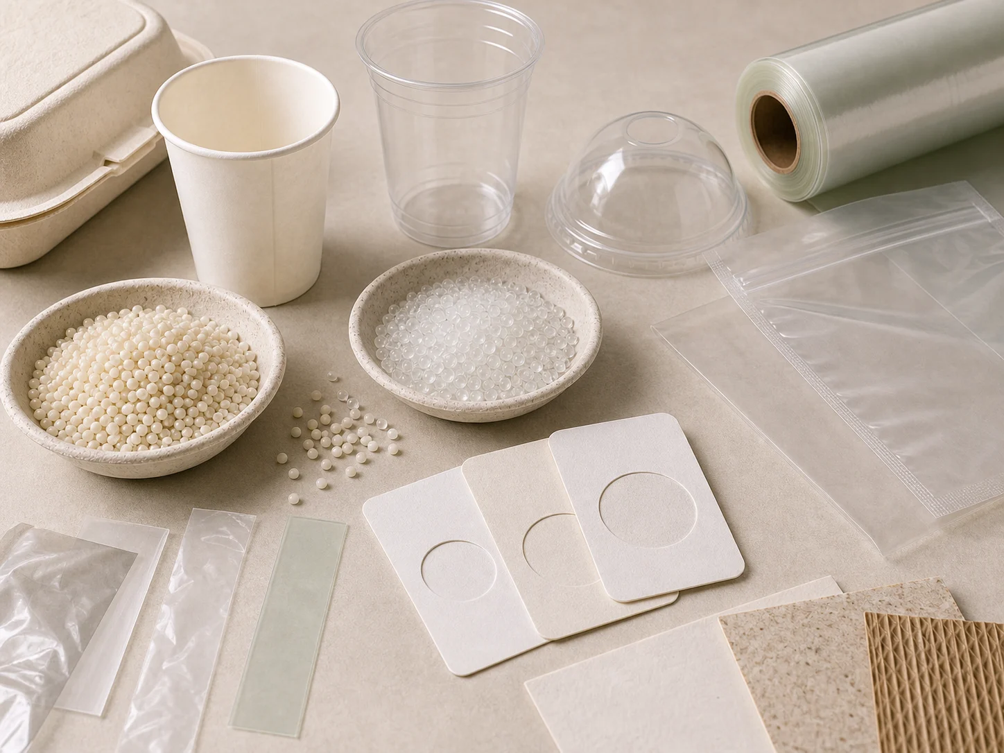 Bioplastic packaging samples with plant based visual cues resin pellets compostability notes and clear material comparison