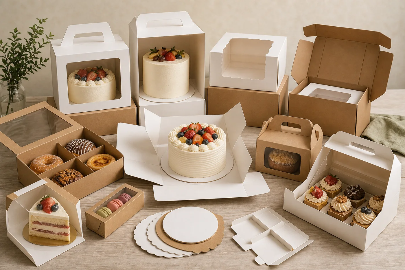 Cake box application examples with bakery carry boxes viewing windows pastry cartons boards and height clearance packaging