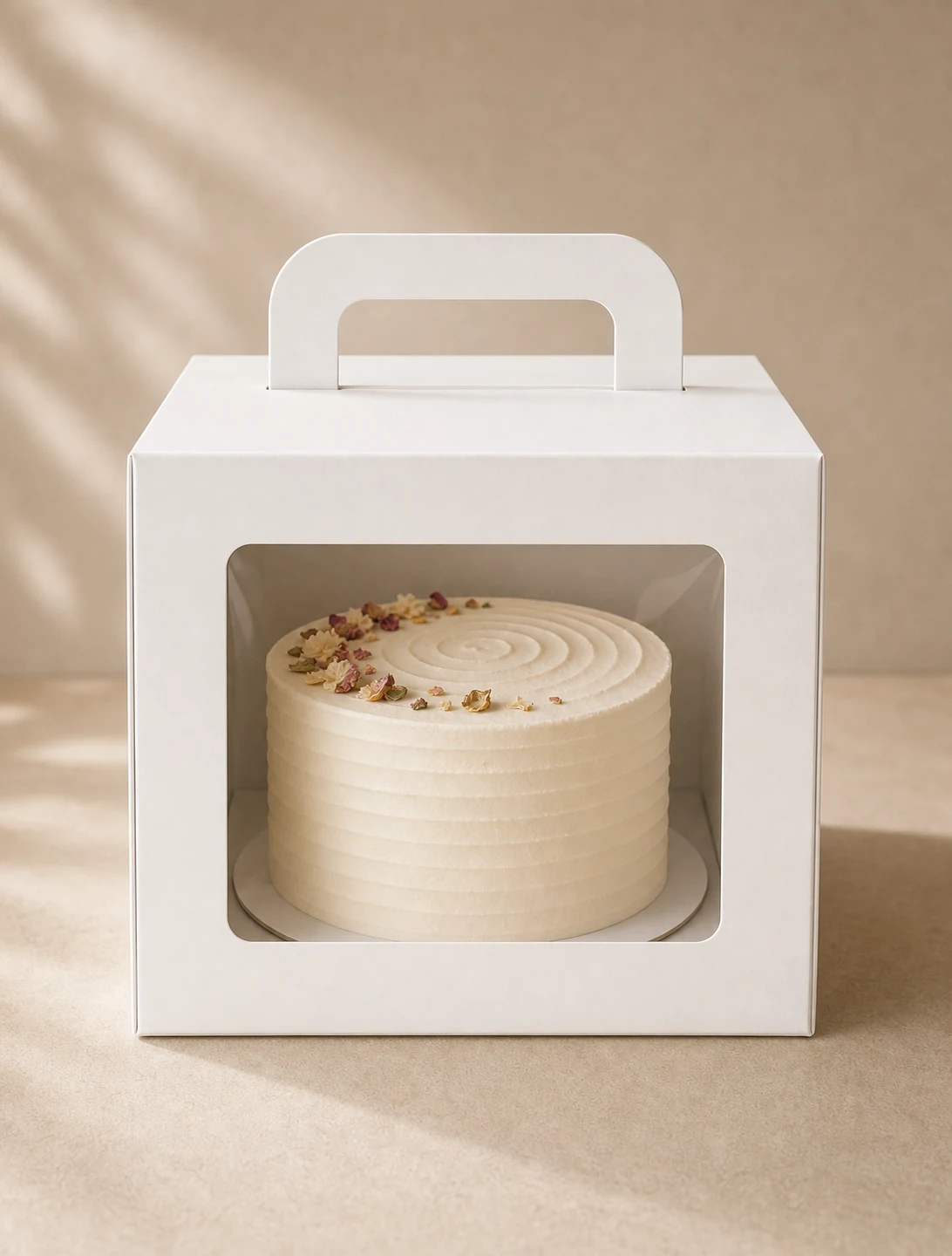 Front view cake box with window frame and clear film showing small round on board