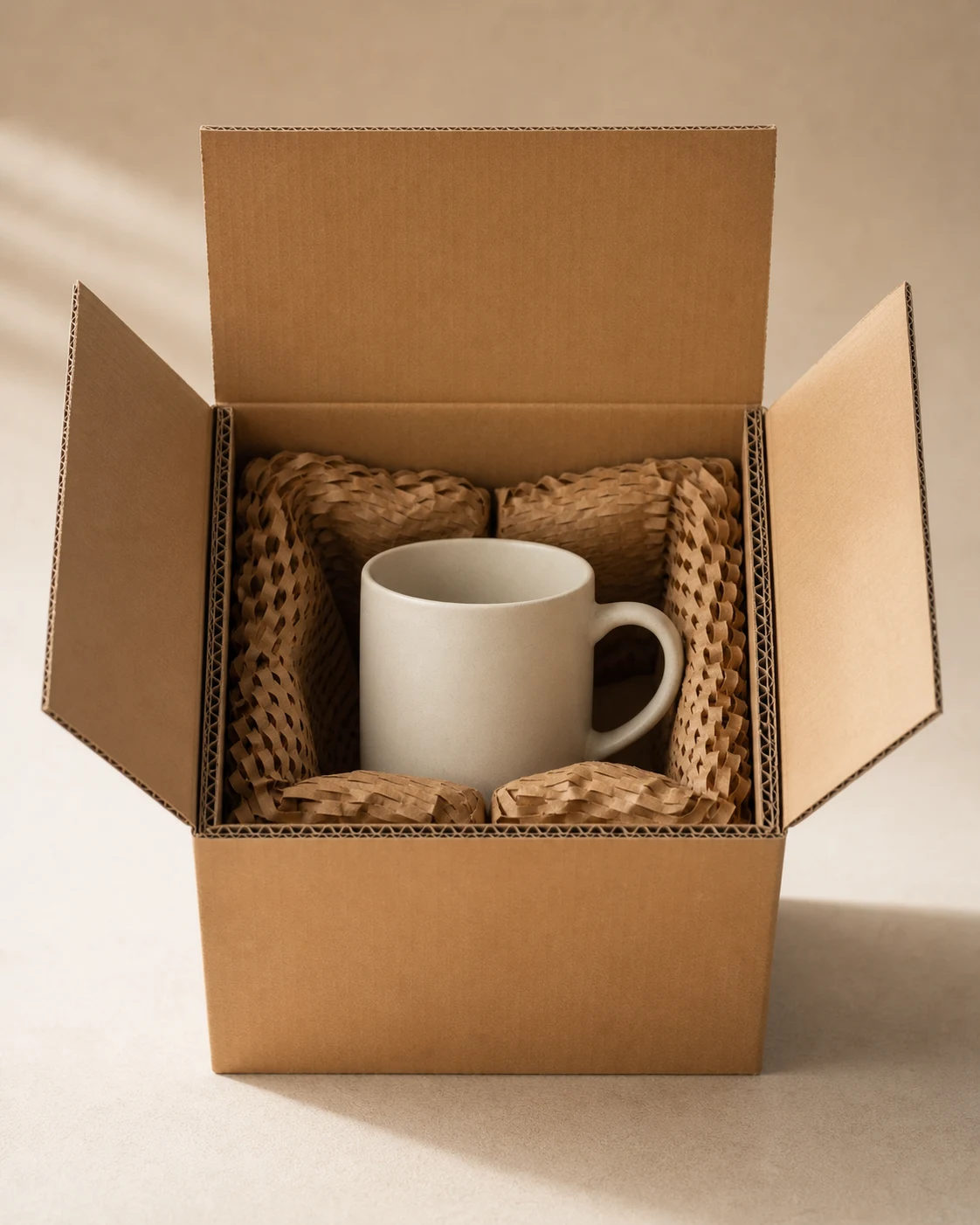Front view corrugated shipping box with plain ceramic mug and paper cushioning showing fluted edges