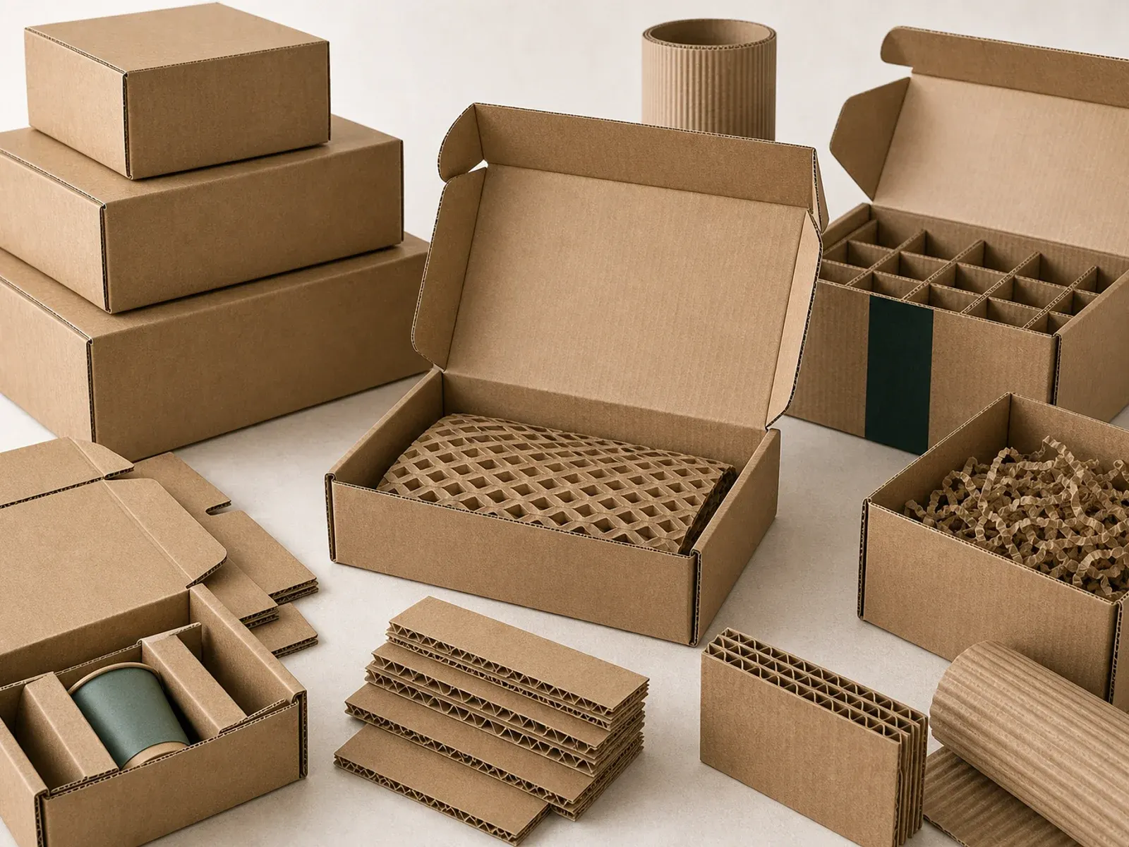 Corrugated fiberboard applications with shipping cartons mailer boxes protective dividers stacked parcels and visible flute e