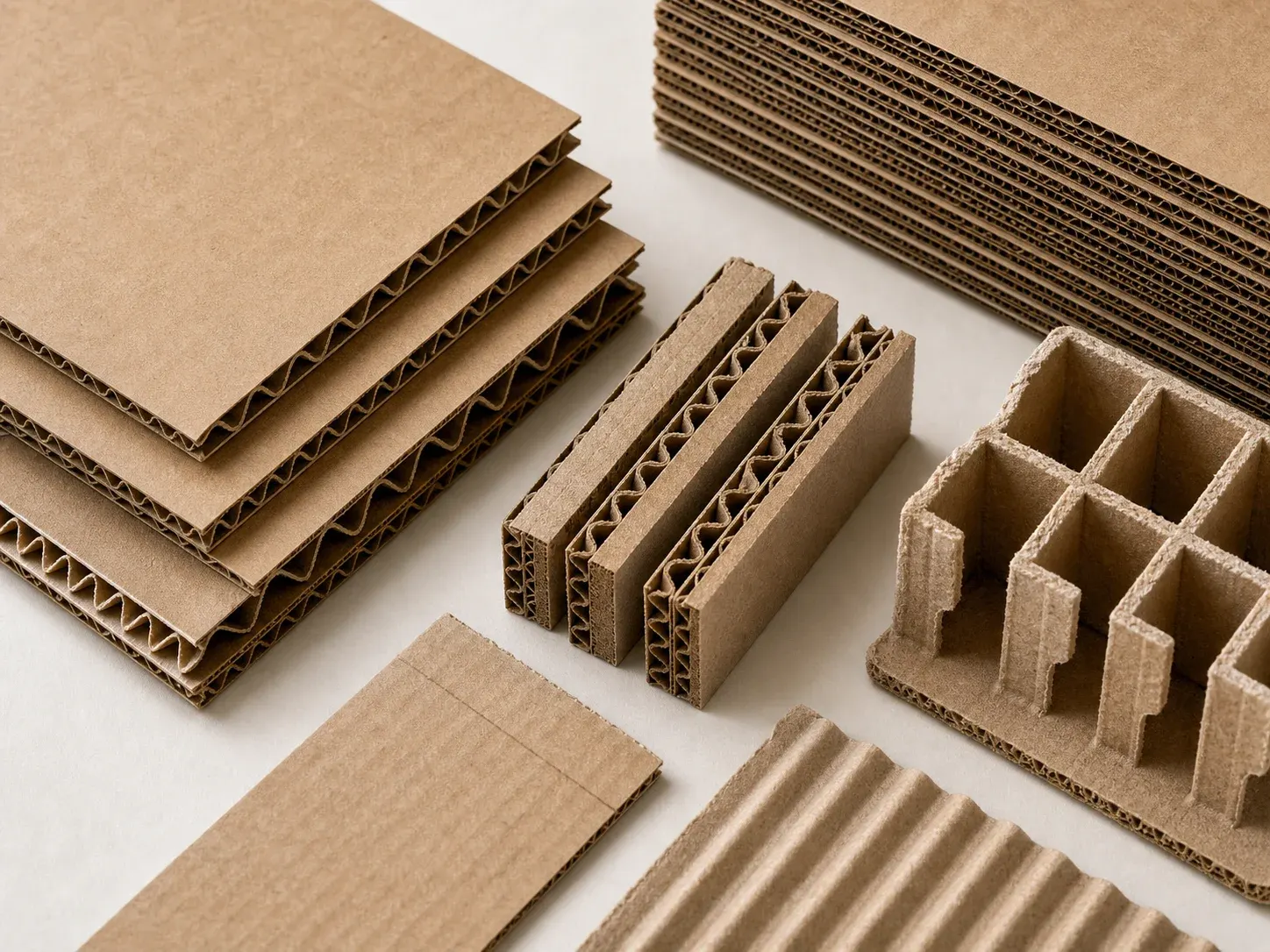 Corrugated fiberboard cross sections showing flutes liners edge crush and cushioning layers