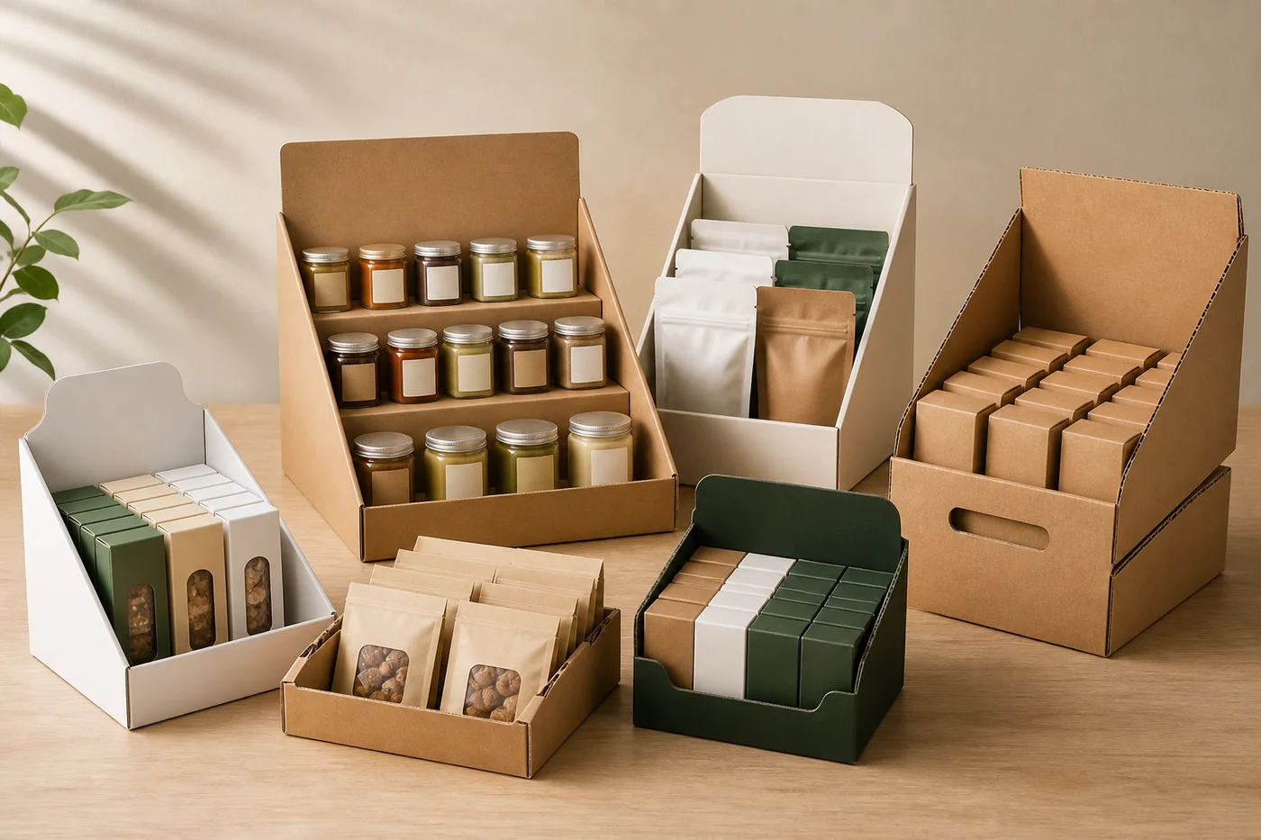 Display box application examples with shelf ready trays open front counter displays lips and retail product assortments