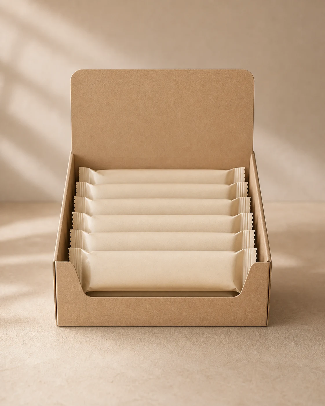 Front view counter display box with plain unbranded snack bars showing lip and open access