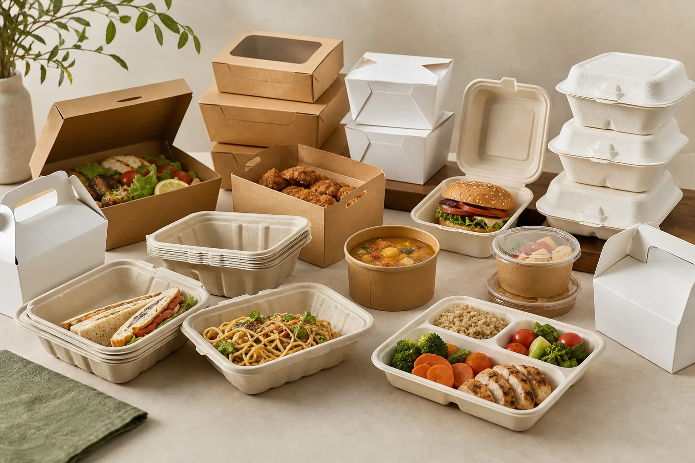 Food box application examples with molded fiber clamshells takeaway cartons compartment trays bakery boxes and catering porti