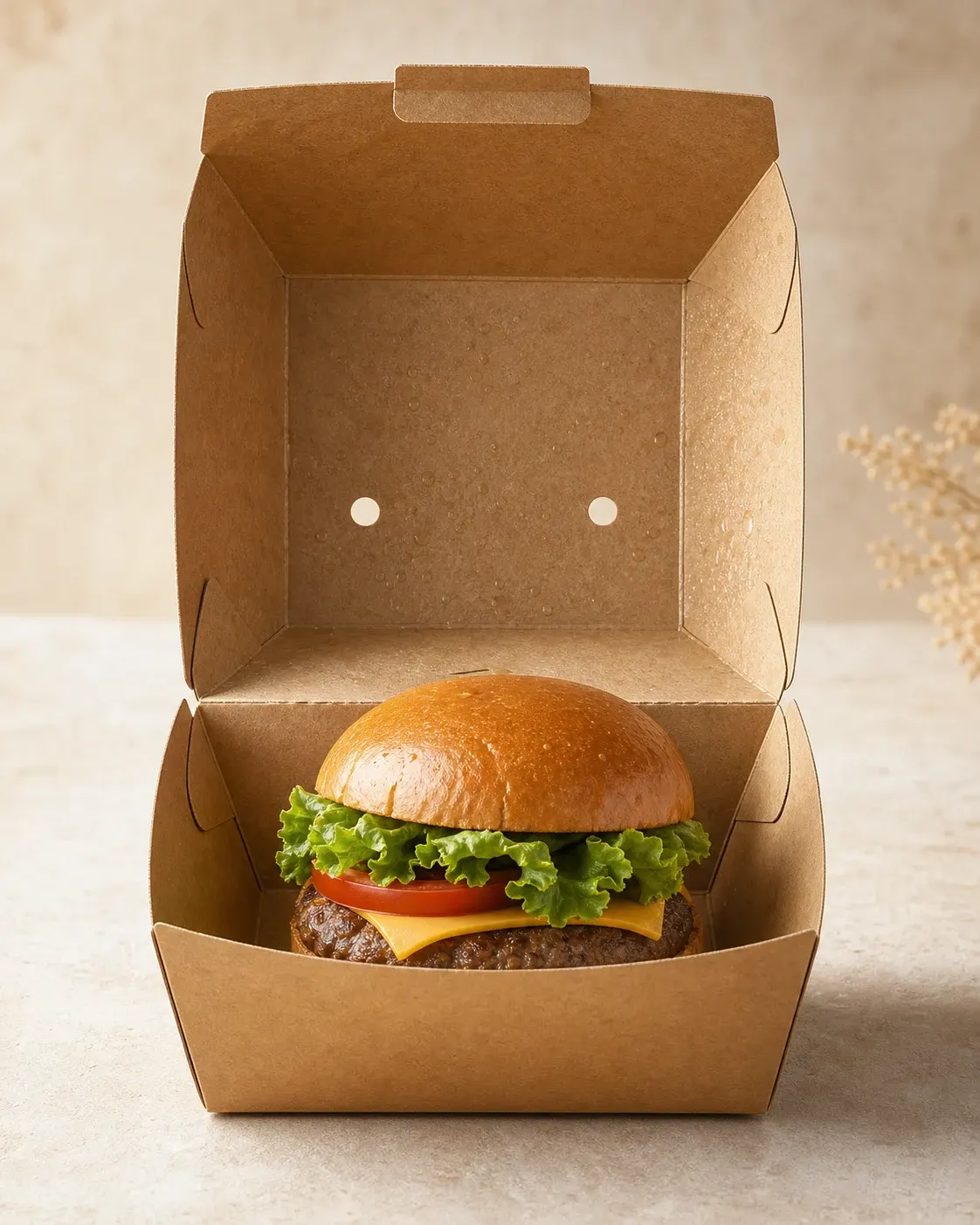 Front view kraft takeaway food box with burger showing locking tab vents and interior clearance