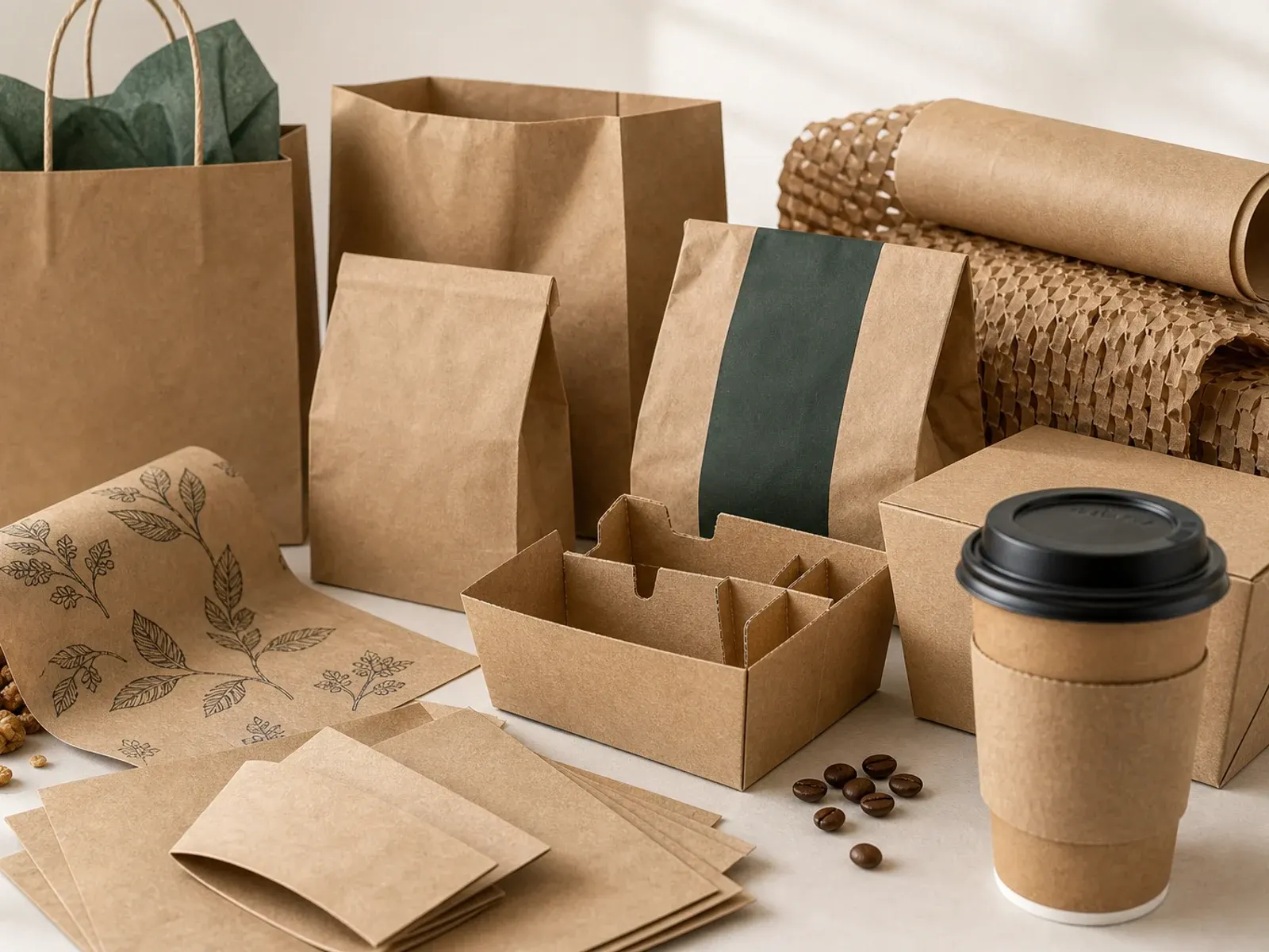 Kraft paper applications with wraps sleeves bags liners inserts and printed natural packaging