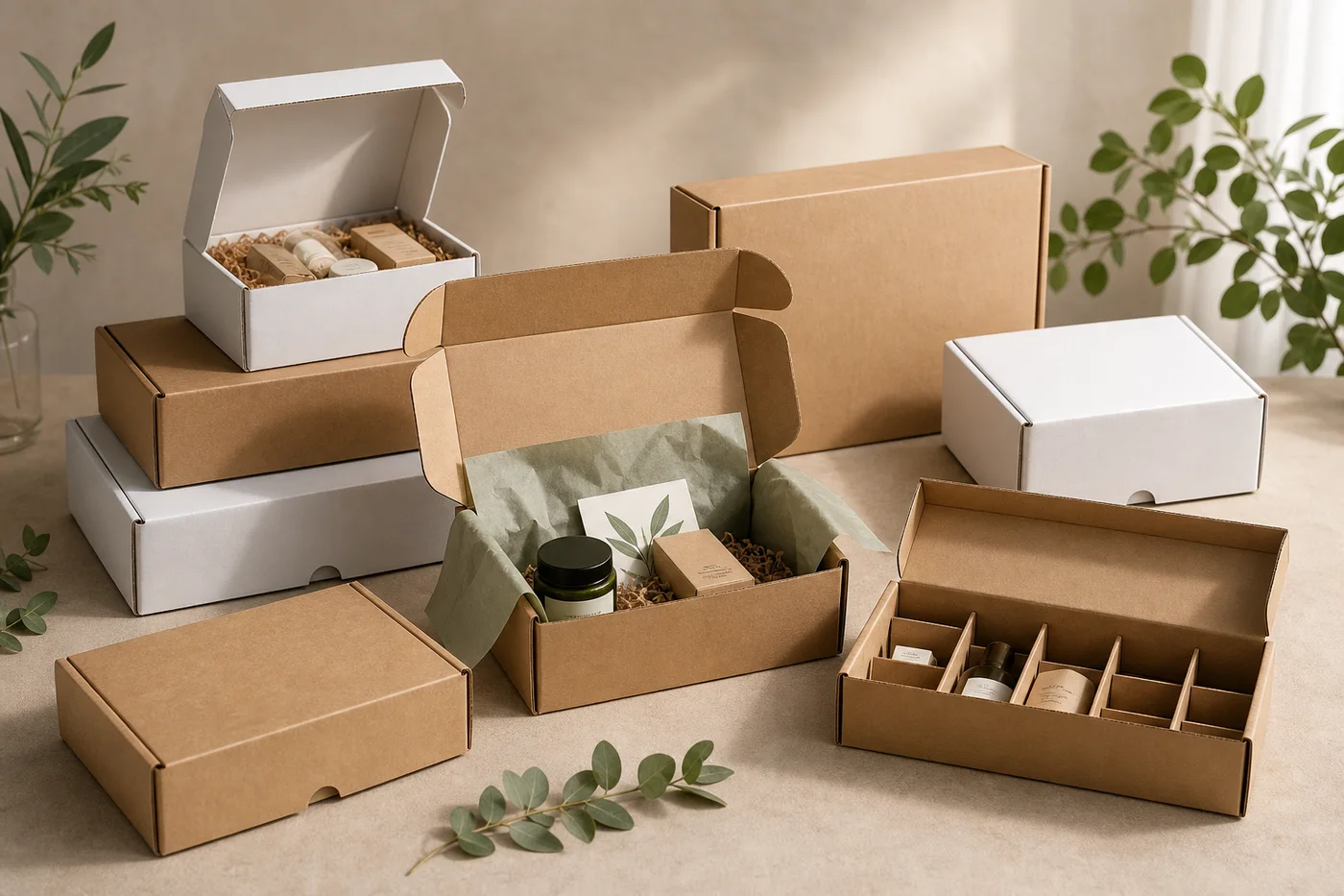Mailer box application examples with commerce parcels subscription kits product inserts tissue paper and sample pack packagin