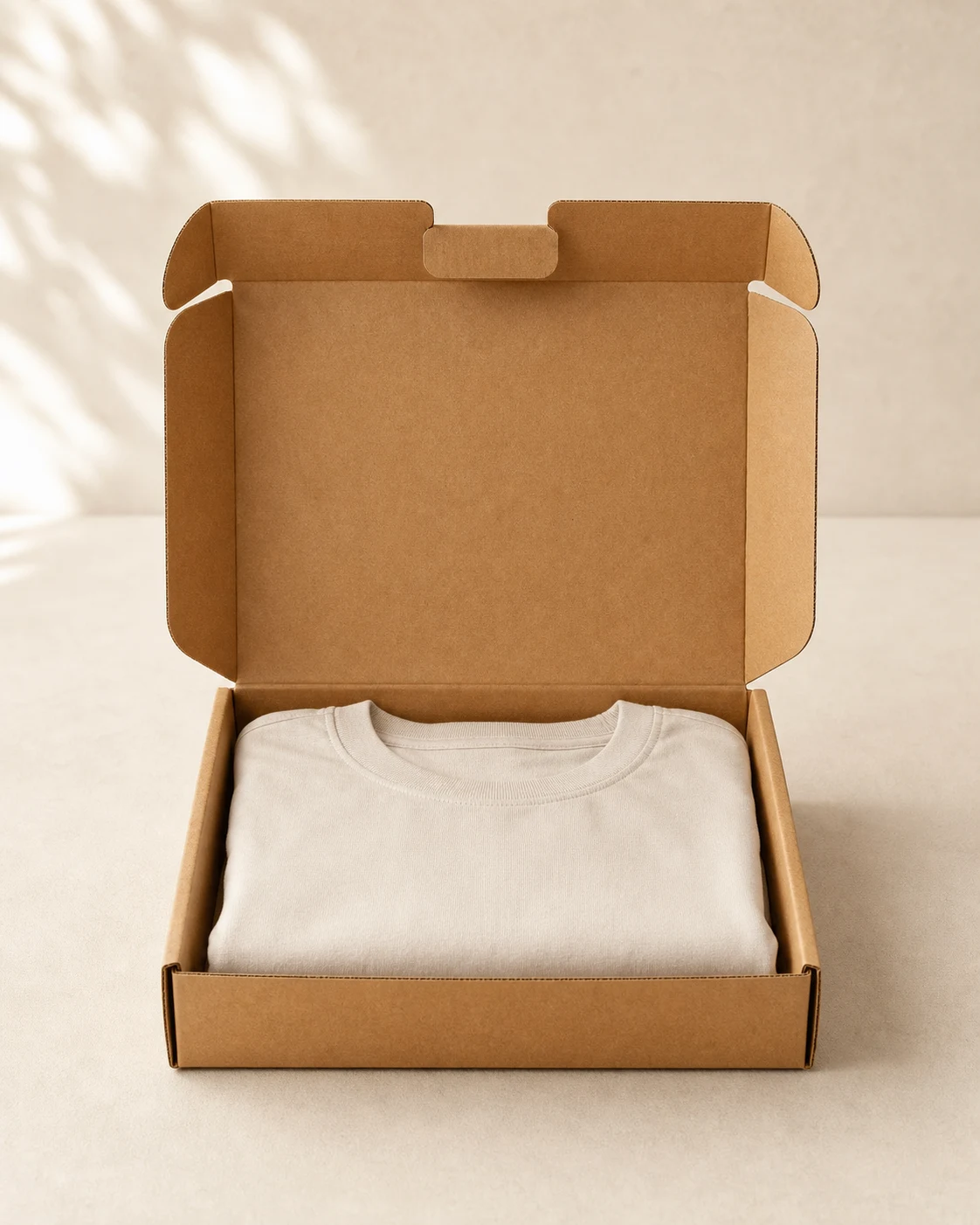 Front view kraft mailer box with folded plain shirt showing tuck tabs and shipping fit
