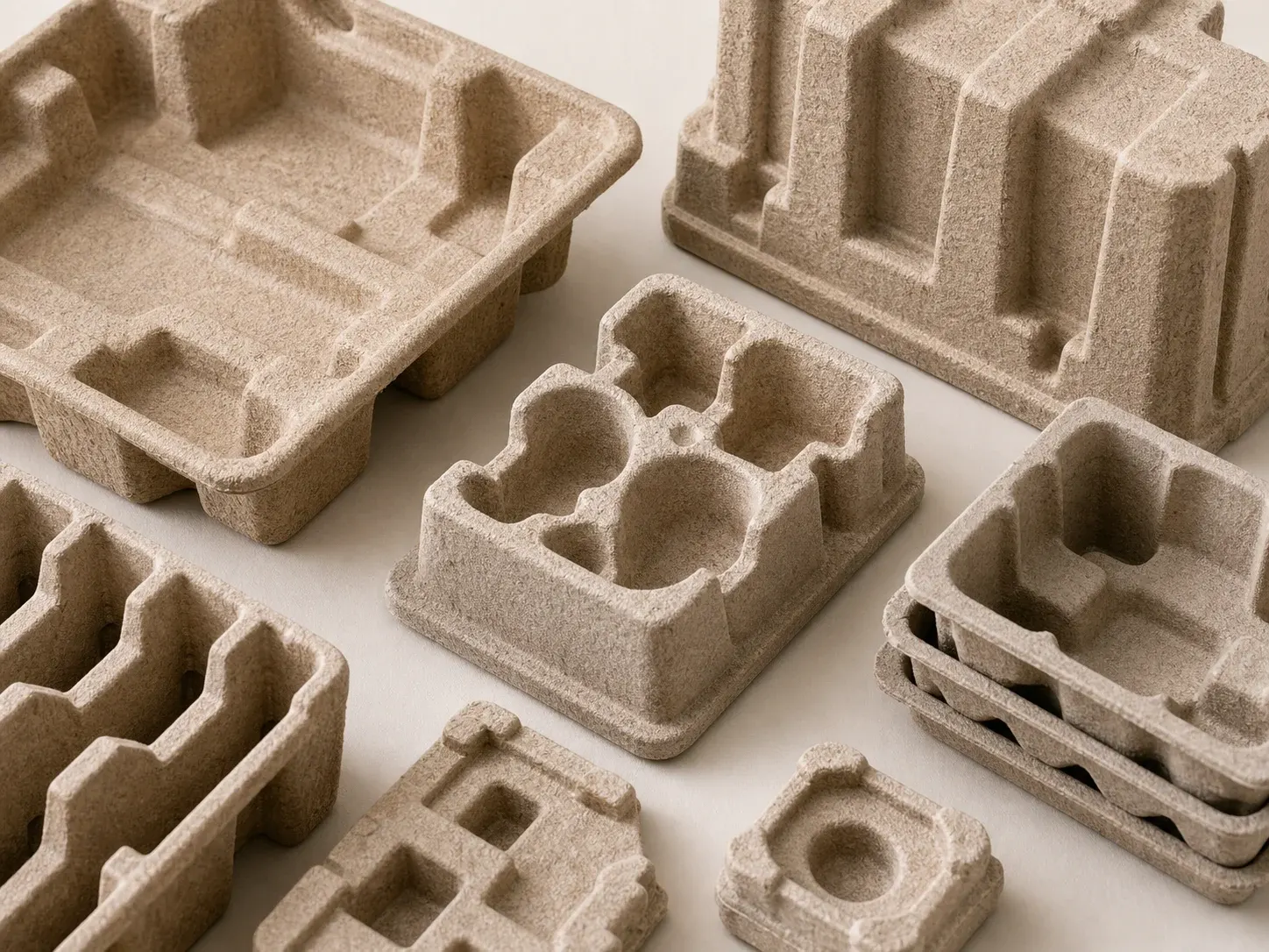 Molded fiber packaging trays showing pulp texture ribs nesting shape and protective cavities