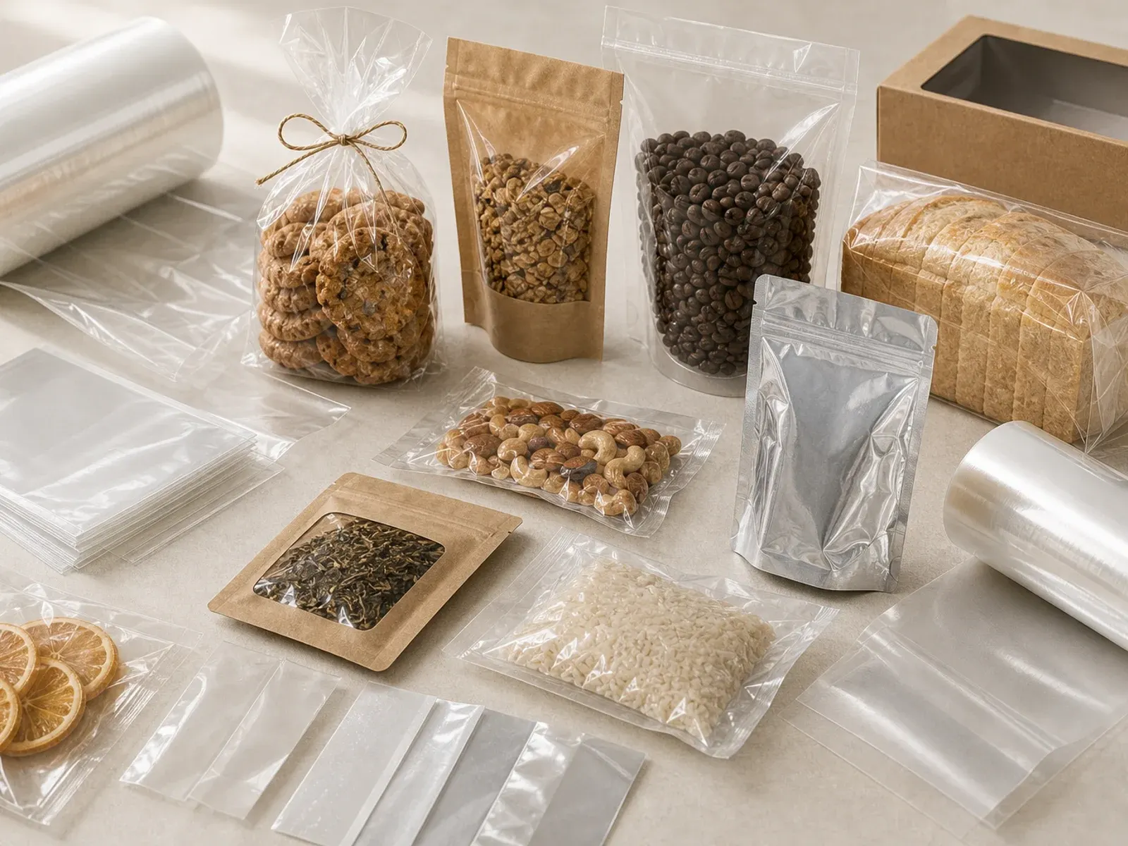 Plastic film applications with wraps flexible pouches clear windows sealed edges and moisture barrier liners