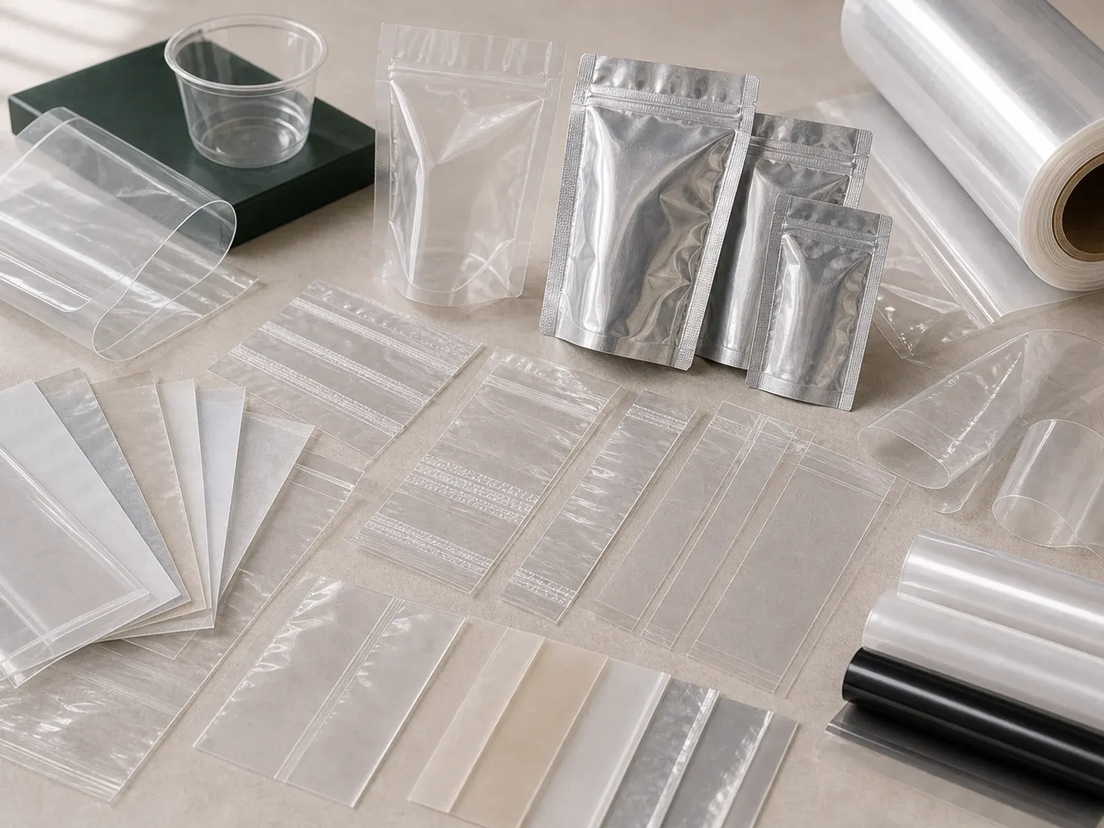 Plastic film checklist with seal samples gauge strips clarity panels and barrier notes