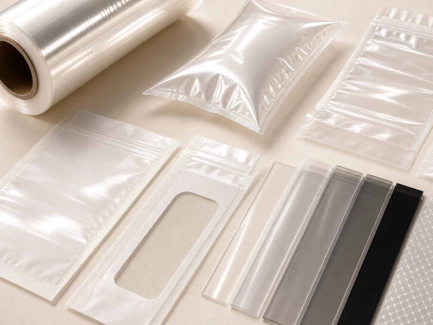 Plastic film samples showing clarity gauge strips sealed edges and flexible barrier layers