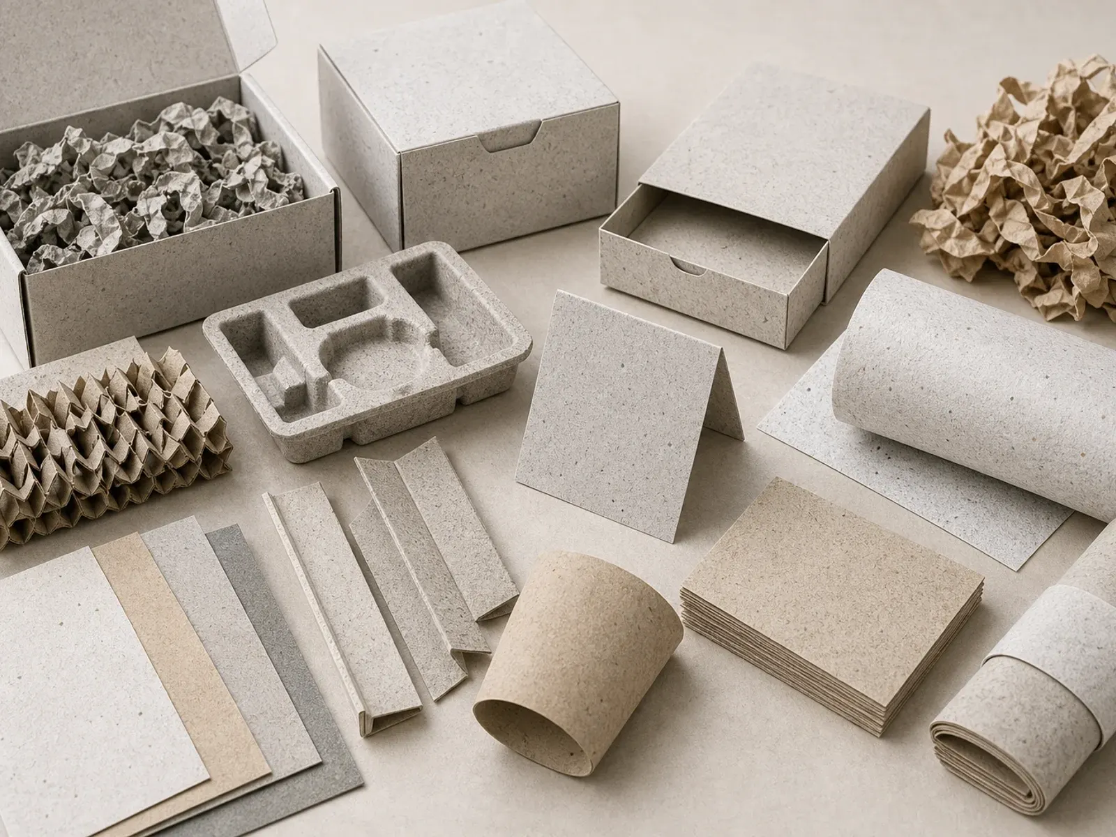 Recycled paper applications with inserts void fill retail cards wraps sleeves and visible recovered fiber specks