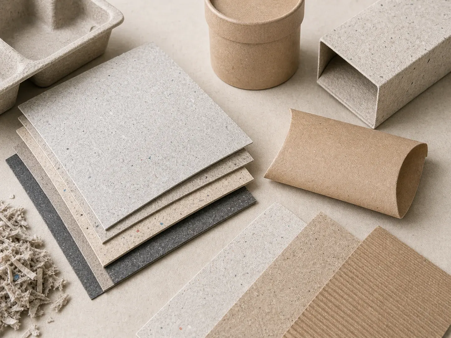 Recycled paper packaging swatches showing recovered fiber specks muted color surface texture and board variation