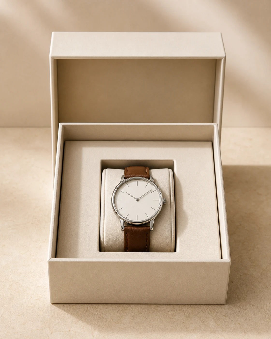 Front view lid and base rigid box with an unbranded wristwatch in fitted insert showing thick board walls